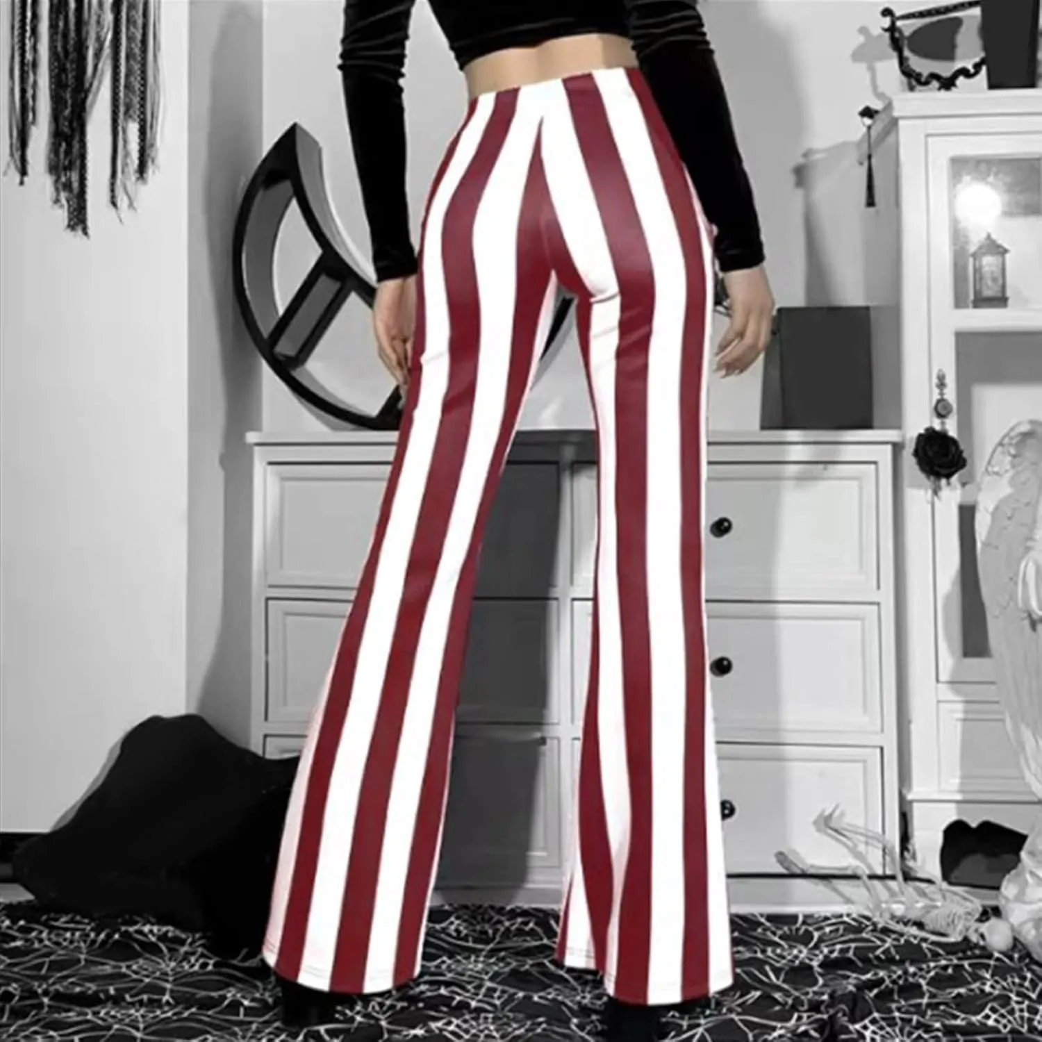 High Waist Vertical Stripe Bell Pants Flare Bottoms Trousers with Stretch Perfect for Women of Plus Size Womens