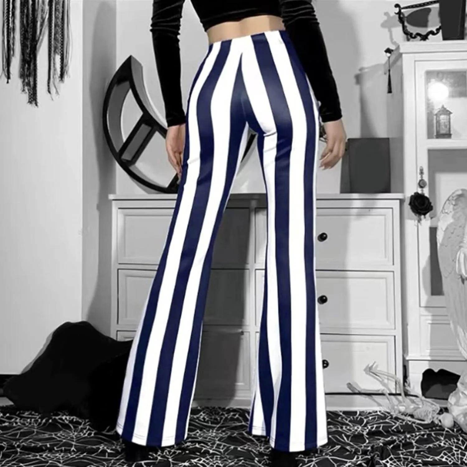 High Waist Vertical Stripe Bell Pants Flare Bottoms Trousers with Stretch Perfect for Women of Plus Size Womens