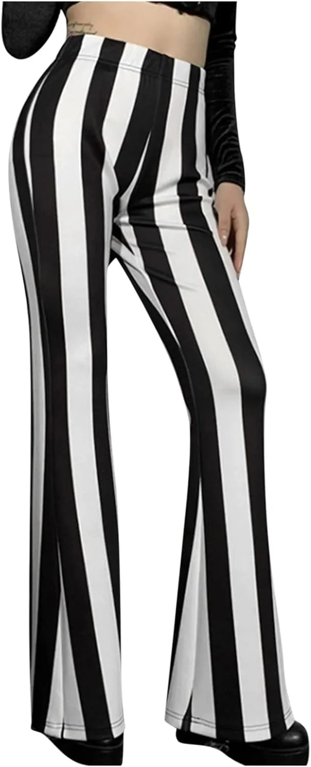 High Waist Vertical Stripe Bell Pants Flare Bottoms Trousers with Stretch Perfect for Women of Plus Size Womens