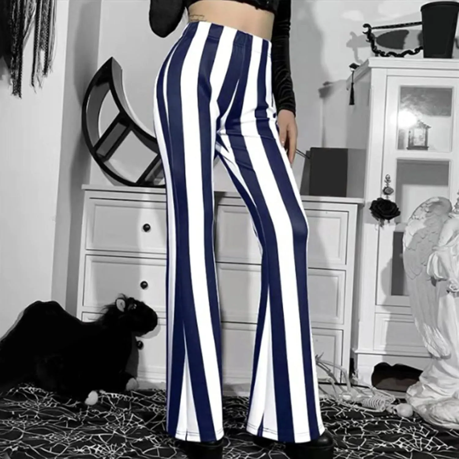 High Waist Vertical Stripe Bell Pants Flare Bottoms Trousers with Stretch Perfect for Women of Plus Size Womens