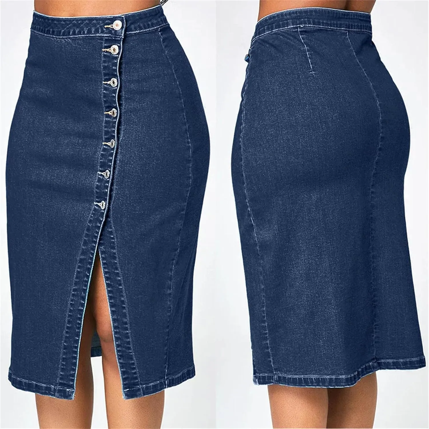High Waisted Button Blow Knee Blue Jean Skirts for Women Fashion High Strecth Slim Fit Denim Pencil Skirt