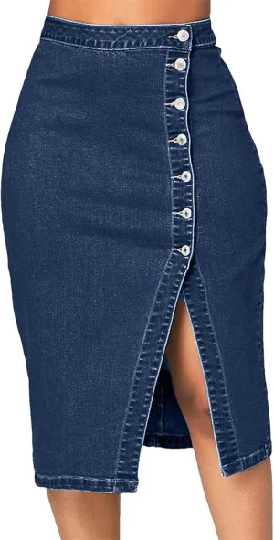 High Waisted Button Blow Knee Blue Jean Skirts for Women Fashion High Strecth Slim Fit Denim Pencil Skirt