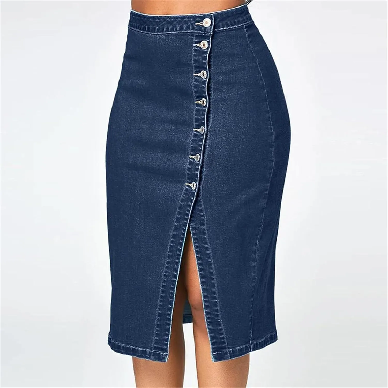 High Waisted Button Blow Knee Blue Jean Skirts for Women Fashion High Strecth Slim Fit Denim Pencil Skirt