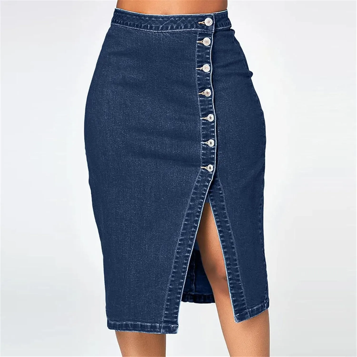 High Waisted Button Blow Knee Blue Jean Skirts for Women Fashion High Strecth Slim Fit Denim Pencil Skirt