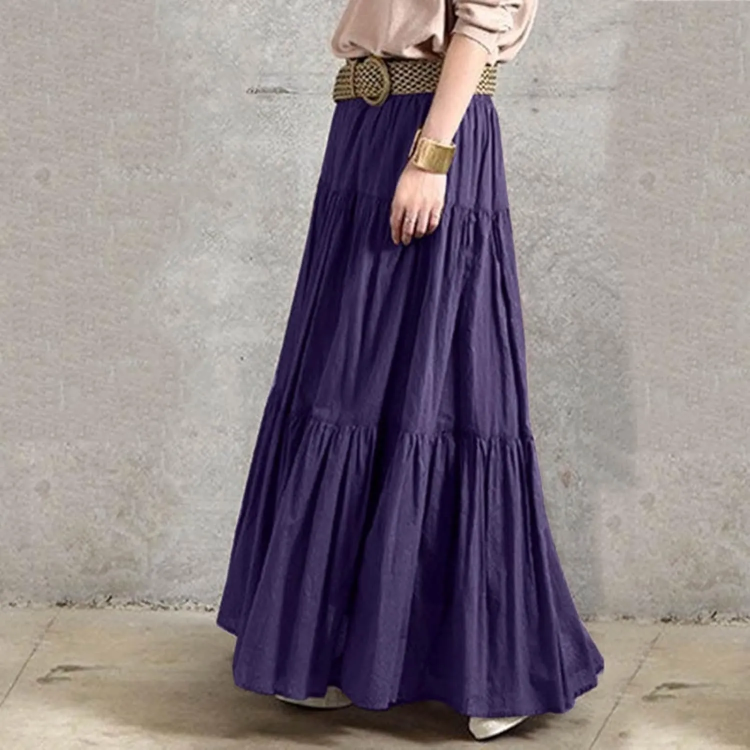 High Waisted Skirts for Women,Spring Summer Ruffled Casual Long Skirt Plain Retro Pleated Skirt Casual Flowy Skirts