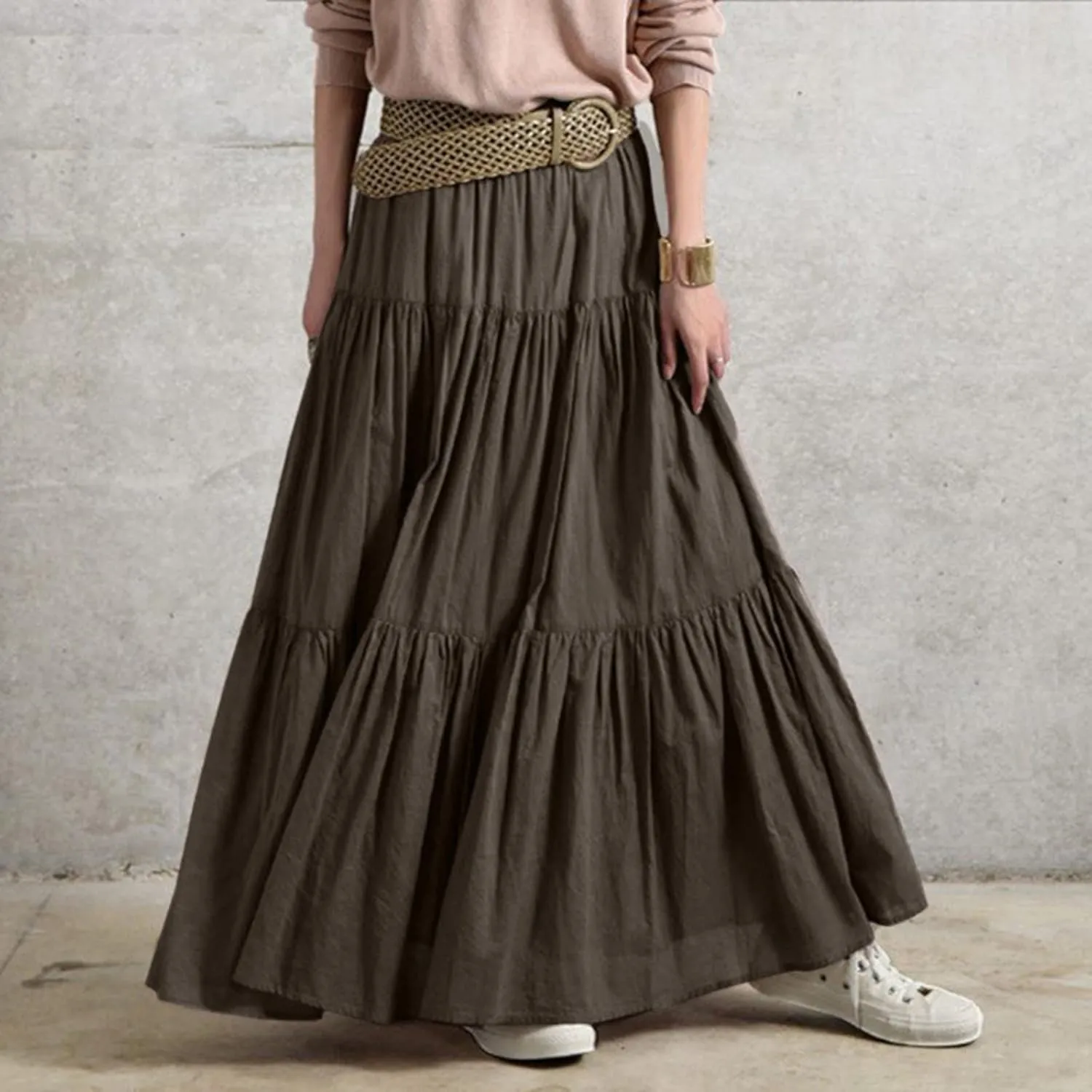 High Waisted Skirts for Women,Spring Summer Ruffled Casual Long Skirt Plain Retro Pleated Skirt Casual Flowy Skirts