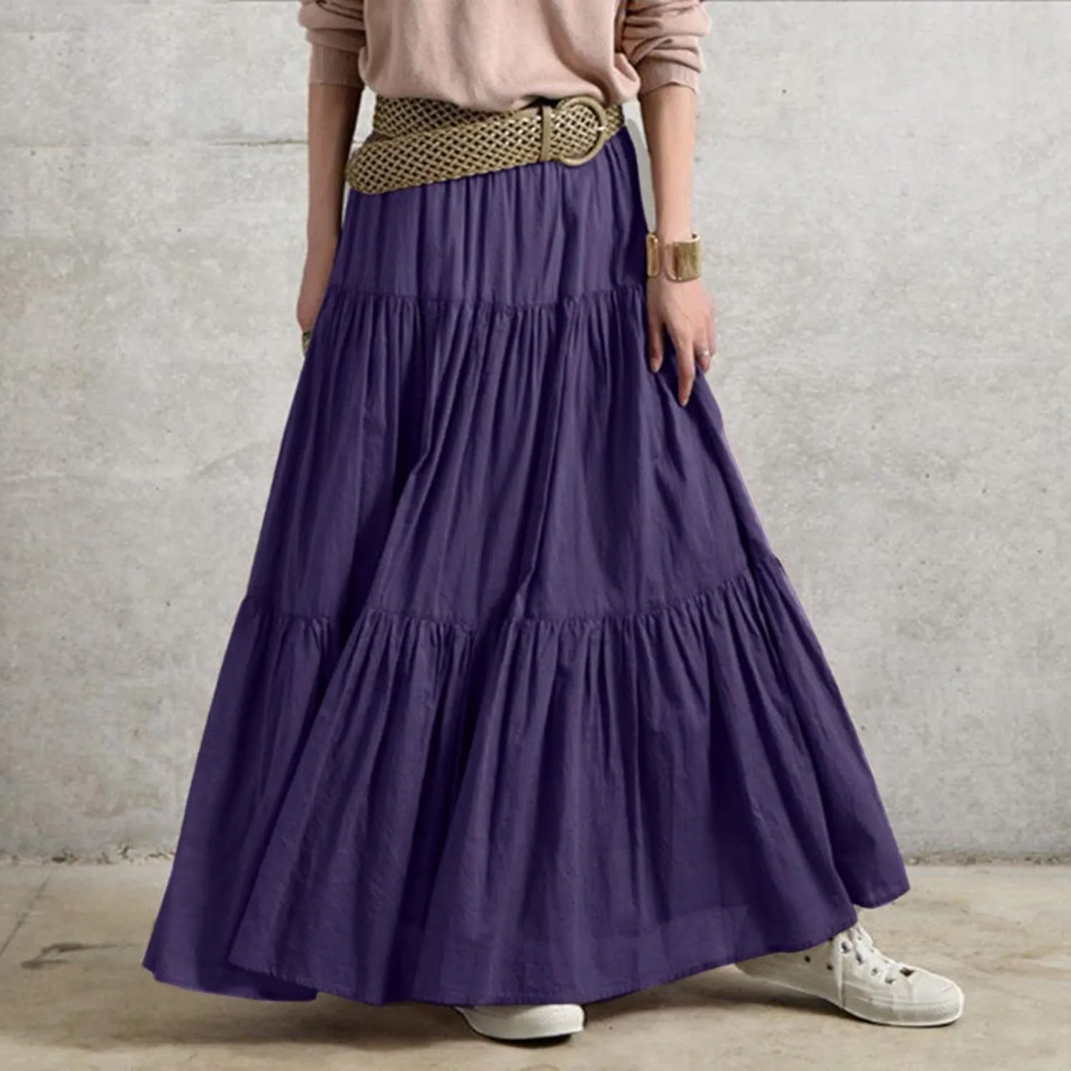 High Waisted Skirts for Women,Spring Summer Ruffled Casual Long Skirt Plain Retro Pleated Skirt Casual Flowy Skirts