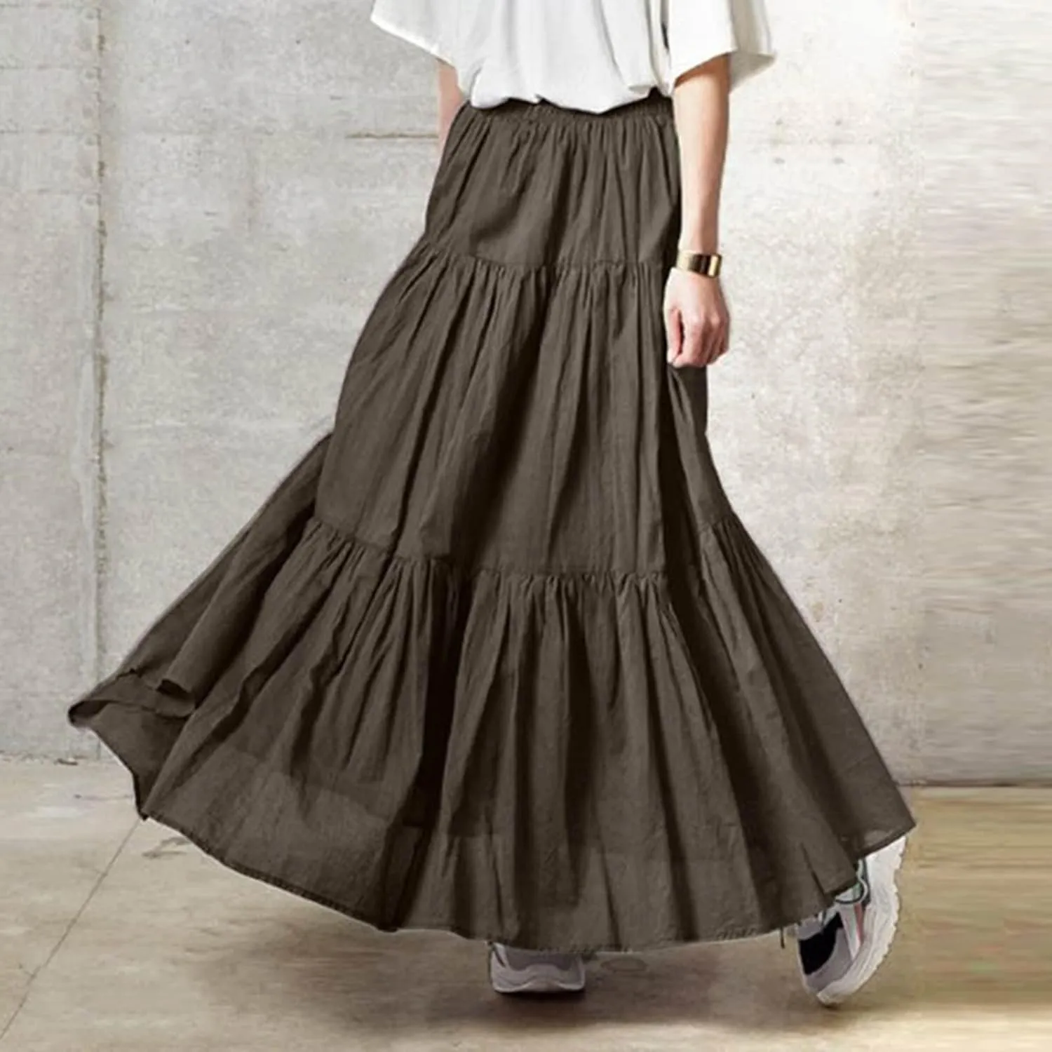 High Waisted Skirts for Women,Spring Summer Ruffled Casual Long Skirt Plain Retro Pleated Skirt Casual Flowy Skirts