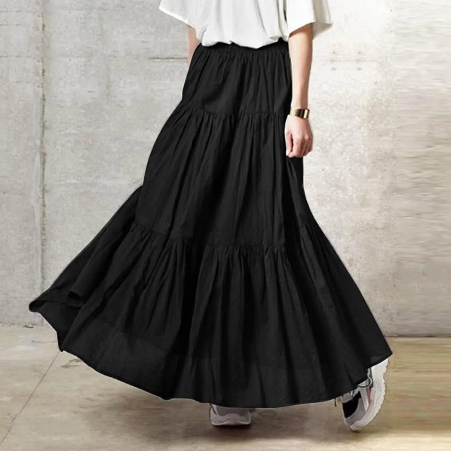 High Waisted Skirts for Women,Spring Summer Ruffled Casual Long Skirt Plain Retro Pleated Skirt Casual Flowy Skirts