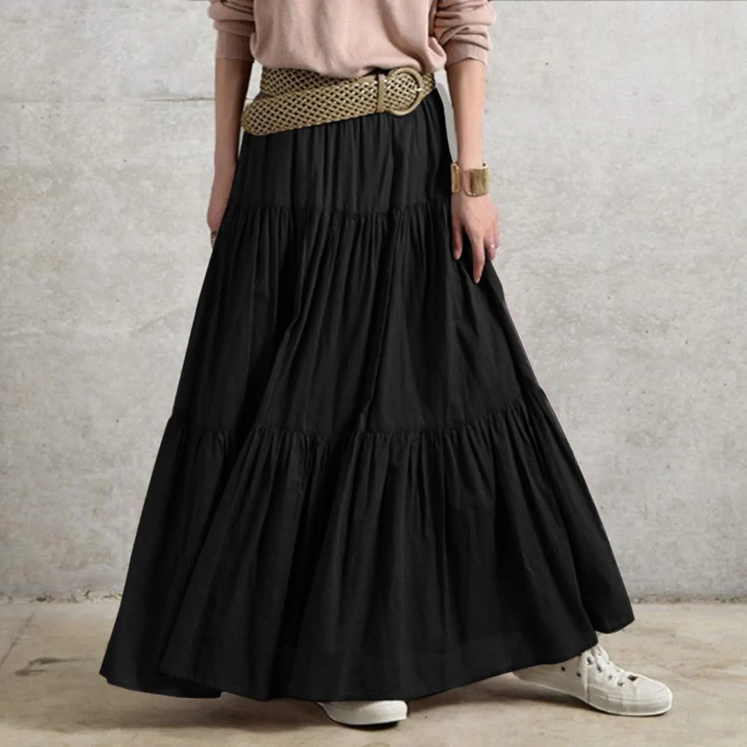 High Waisted Skirts for Women,Spring Summer Ruffled Casual Long Skirt Plain Retro Pleated Skirt Casual Flowy Skirts