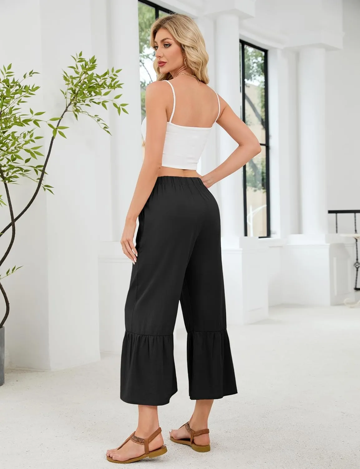 Himosyber Womens Cotton Wide Leg Cropped Pants Casual Drawstring Elastic Waisted Ruffle Hem Palazzo Pants with Pockets