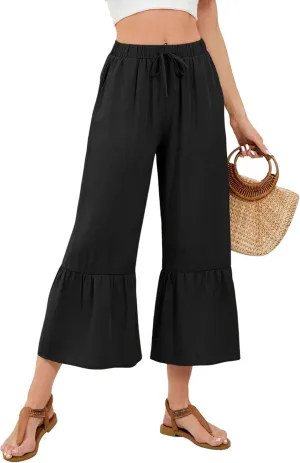 Himosyber Womens Cotton Wide Leg Cropped Pants Casual Drawstring Elastic Waisted Ruffle Hem Palazzo Pants with Pockets