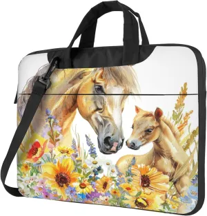 Horse Floral Laptop Shoulder Bag for Women, Animal Flower Laptop Sleeve Case Durable Computer Bag