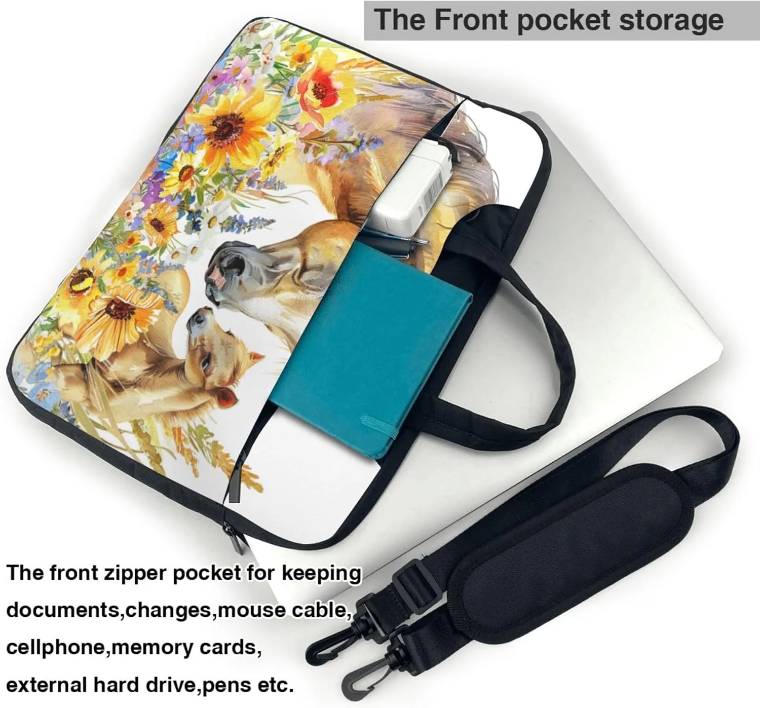 Horse Floral Laptop Shoulder Bag for Women, Animal Flower Laptop Sleeve Case Durable Computer Bag
