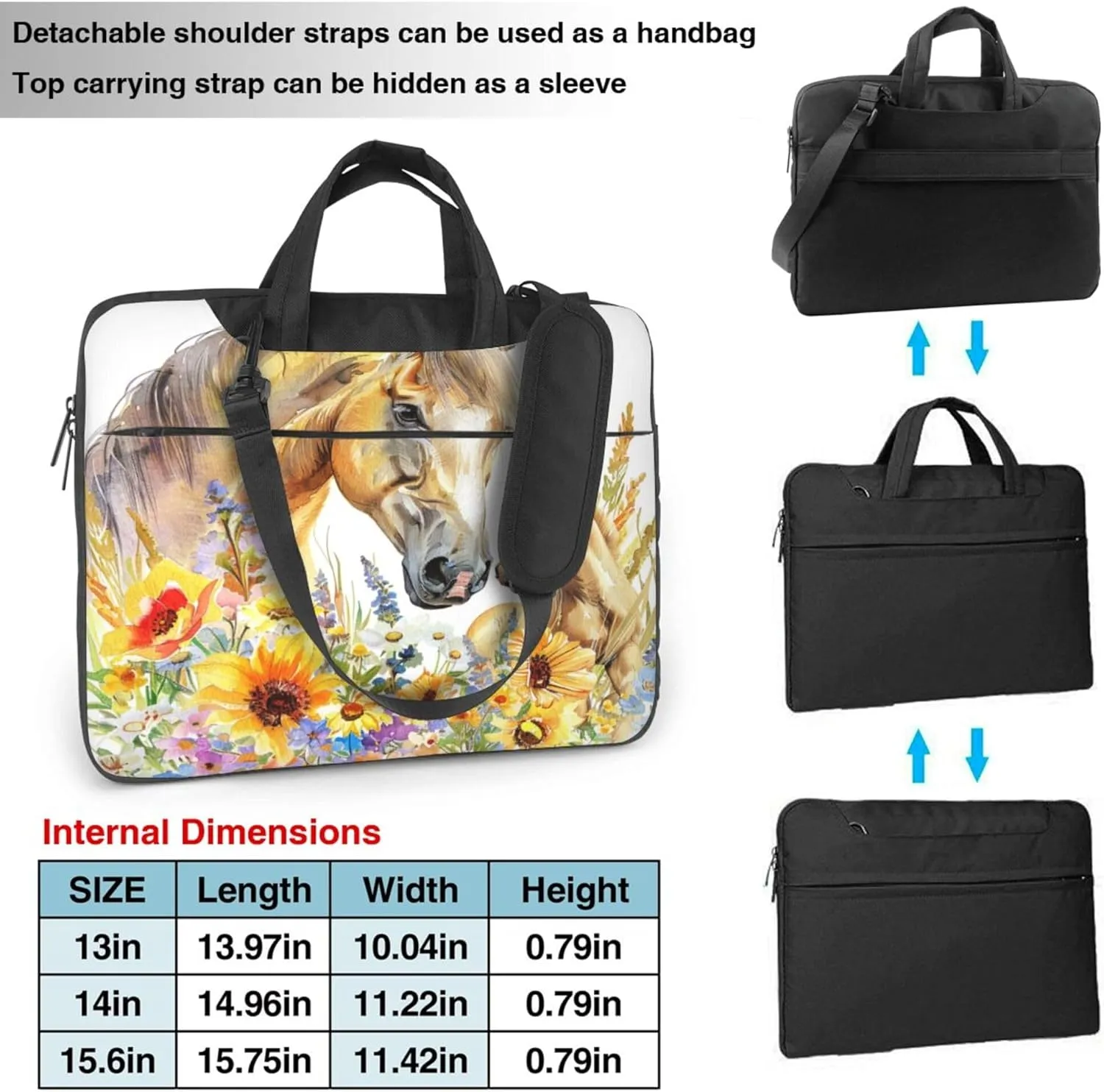 Horse Floral Laptop Shoulder Bag for Women, Animal Flower Laptop Sleeve Case Durable Computer Bag