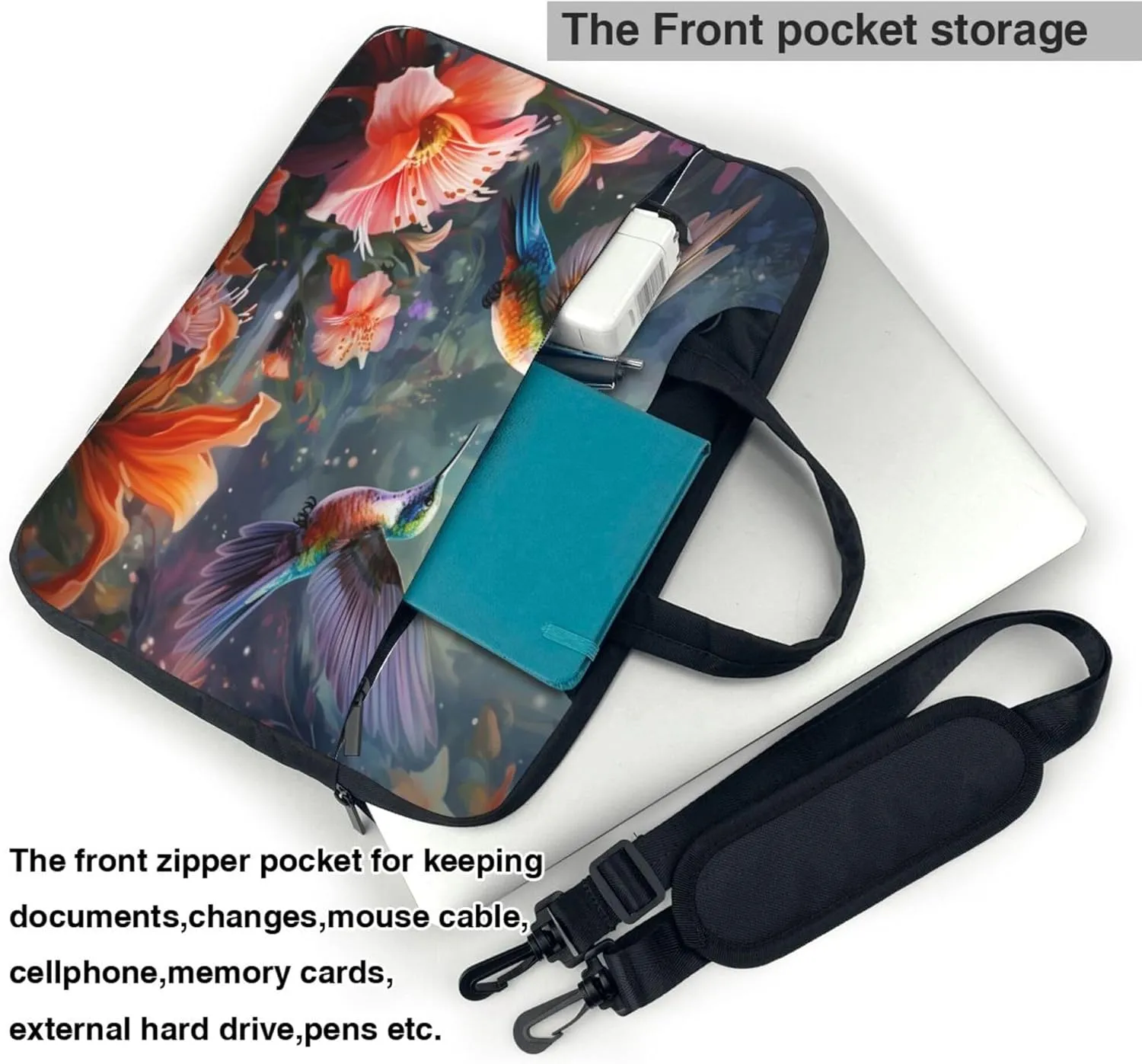 Hummingbird Bird Flower Laptop Shoulder Bag for Women, Laptop Sleeve Case Durable Computer Bag