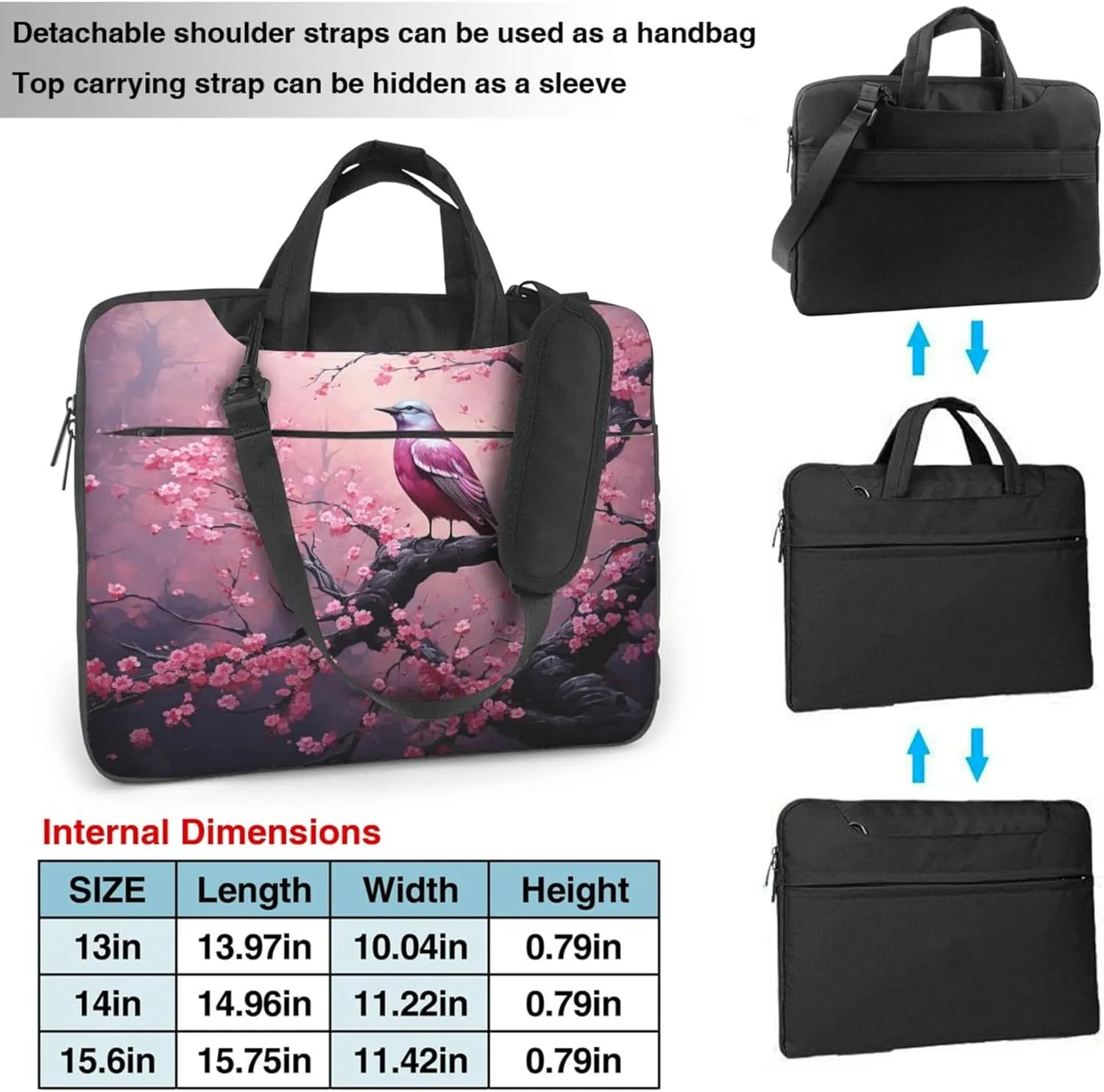 Hummingbird Cherry Blossom Laptop Shoulder Bag for Women, Spring Bird Laptop Sleeve Case Durable Computer Bag