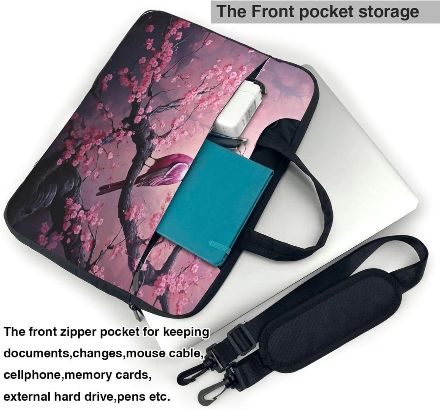 Hummingbird Cherry Blossom Laptop Shoulder Bag for Women, Spring Bird Laptop Sleeve Case Durable Computer Bag