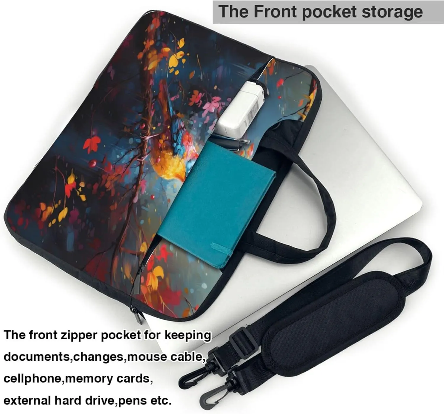 Hummingbird Flower Laptop Shoulder Bag for Women, Watercolor Bird Laptop Sleeve Case Durable Computer Bag