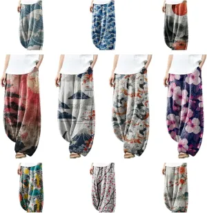 Japanese Art Style Harem Pants for Women 2025 Fashion Summer Causal Wide Leg Elastic Waist Lantern Pants with Pocket