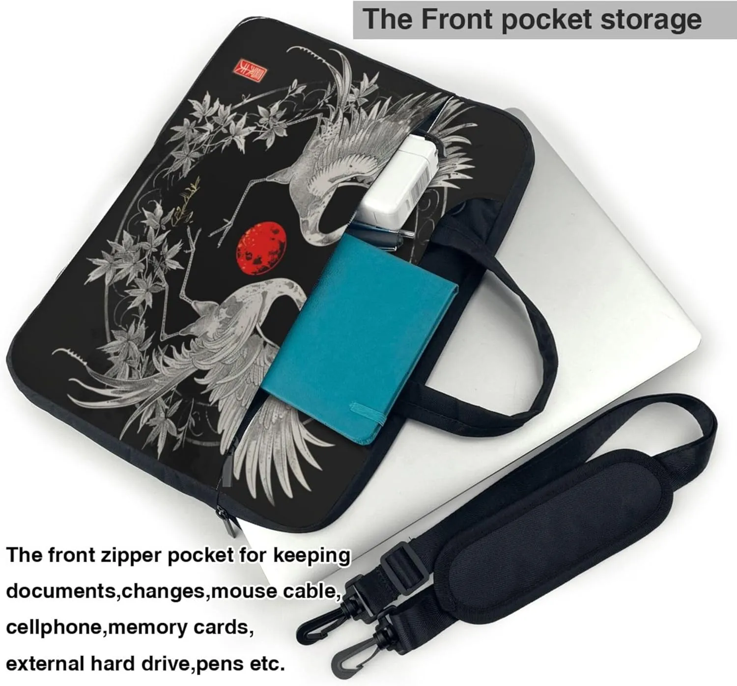 Japanese Crane Laptop Shoulder Bag for Women, Crane Flower Laptop Sleeve Case Durable Computer Bag