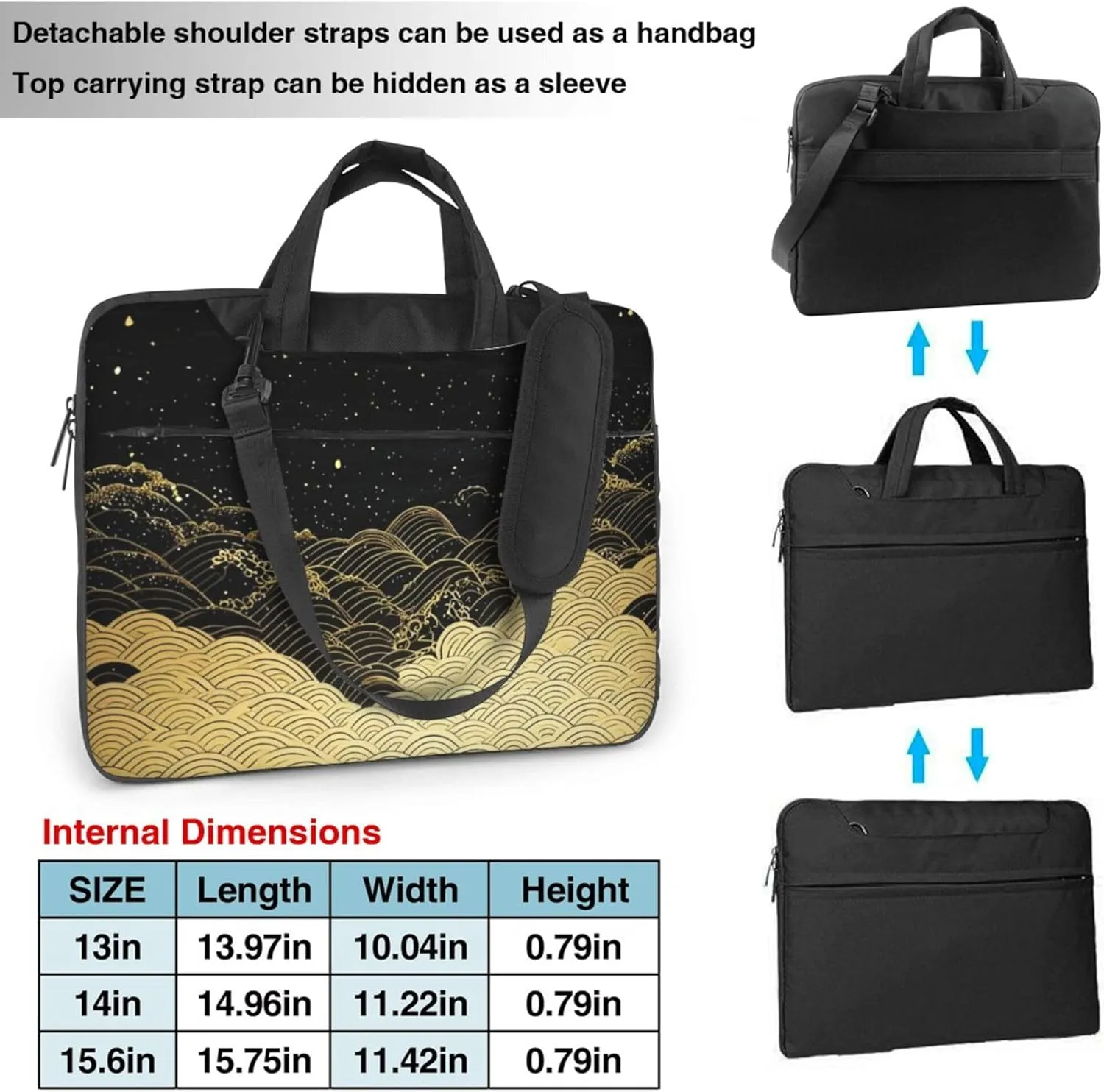 Japanese Print Laptop Shoulder Bag for Women, Golden Waves Laptop Sleeve Case Durable Computer Bag