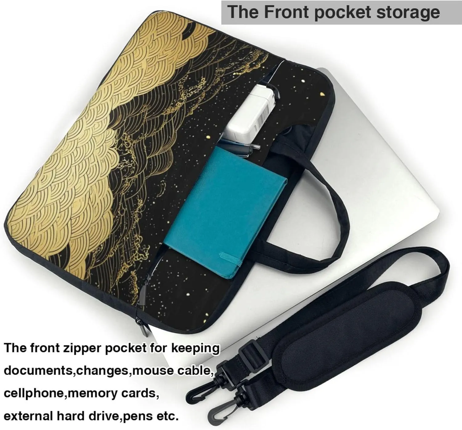 Japanese Print Laptop Shoulder Bag for Women, Golden Waves Laptop Sleeve Case Durable Computer Bag