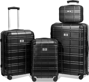 JCSD Luggage Set Hardshell Durable Lightweight Suitcase 4pcs with Spinner Wheels, Black, ABS PC Material