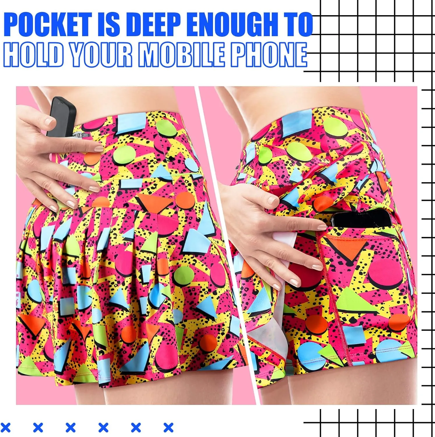 JenPen Retro 80s 90s Skirt for Women Tennis Skirt Golf High Waisted Athletic with Pockets for Retro Halloween Party
