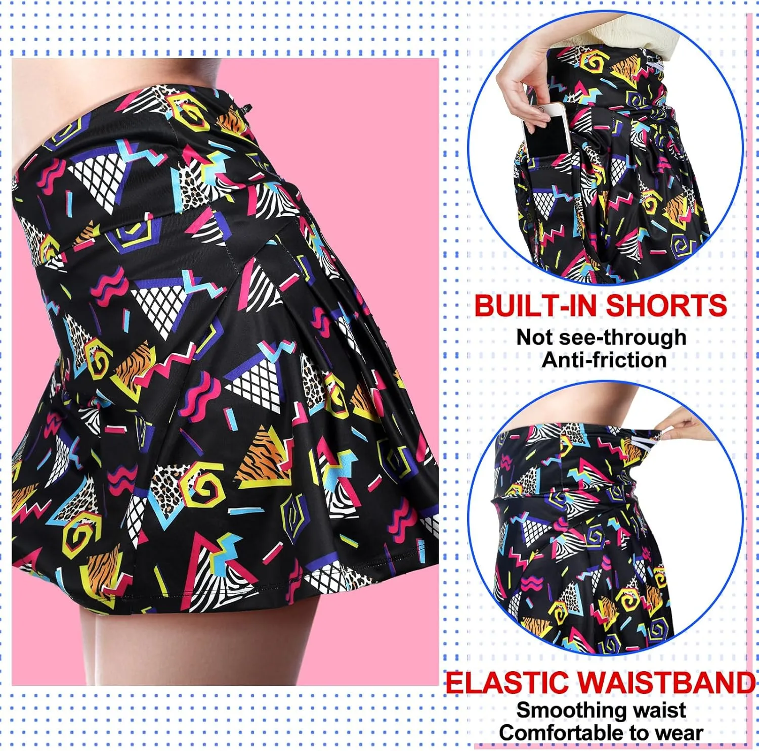 JenPen Retro 80s 90s Skirt for Women Tennis Skirt Golf High Waisted Athletic with Pockets for Retro Halloween Party