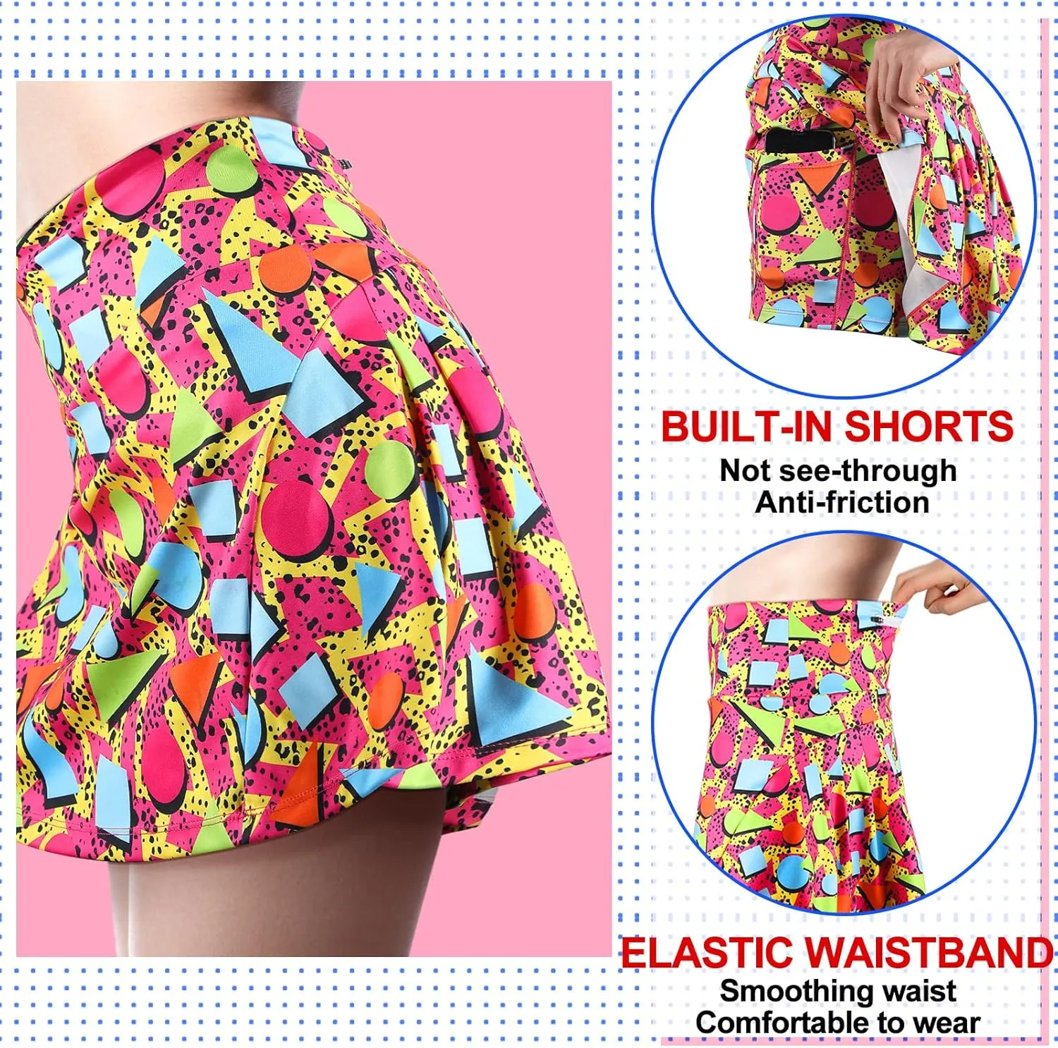 JenPen Retro 80s 90s Skirt for Women Tennis Skirt Golf High Waisted Athletic with Pockets for Retro Halloween Party