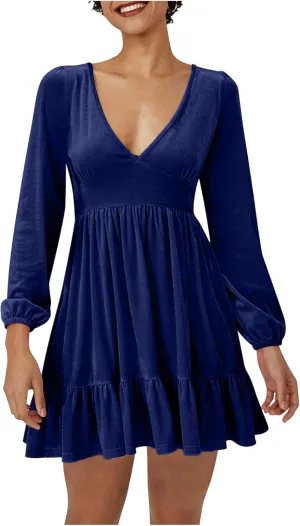 JOAU Women's 2024 Casual Long Sleeve Velvet Dresses Sexy Deep V Neck Ruffle Hem Empire Waist A Line Flowy Short Mini Dress