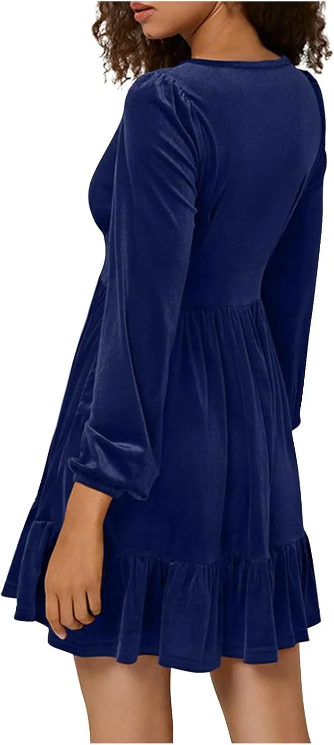 JOAU Women's 2024 Casual Long Sleeve Velvet Dresses Sexy Deep V Neck Ruffle Hem Empire Waist A Line Flowy Short Mini Dress