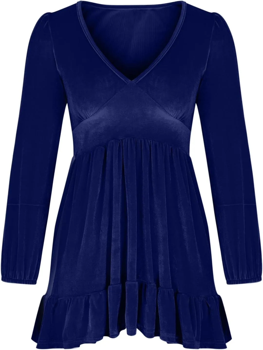 JOAU Women's 2024 Casual Long Sleeve Velvet Dresses Sexy Deep V Neck Ruffle Hem Empire Waist A Line Flowy Short Mini Dress