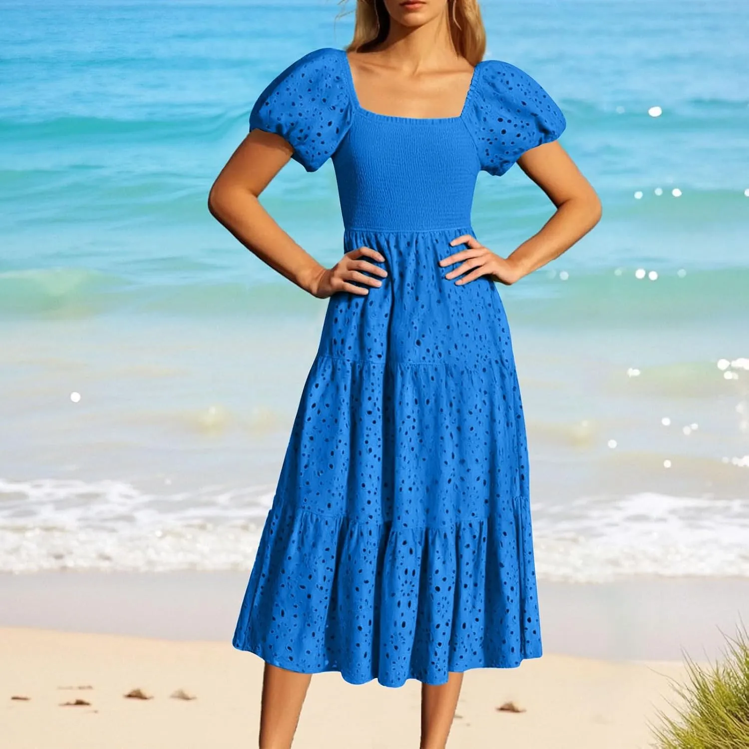 JOAU Women's 2025 Summer Boho Midi Dress Short Puff Sleeve Smocked Flowy A Line Tiered Ruffle Hollow Out Eyelet Beach Dresses