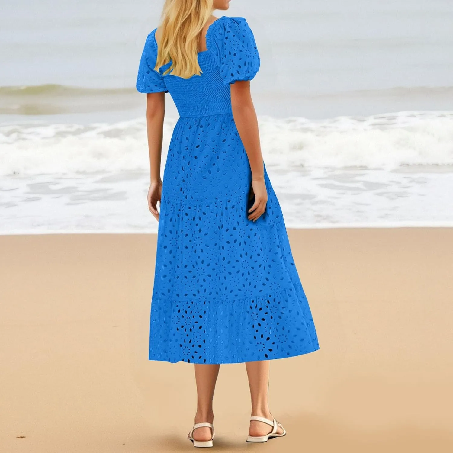 JOAU Women's 2025 Summer Boho Midi Dress Short Puff Sleeve Smocked Flowy A Line Tiered Ruffle Hollow Out Eyelet Beach Dresses