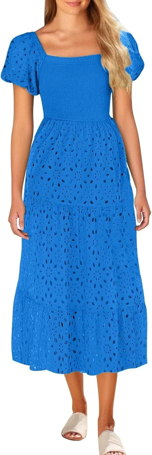 JOAU Women's 2025 Summer Boho Midi Dress Short Puff Sleeve Smocked Flowy A Line Tiered Ruffle Hollow Out Eyelet Beach Dresses