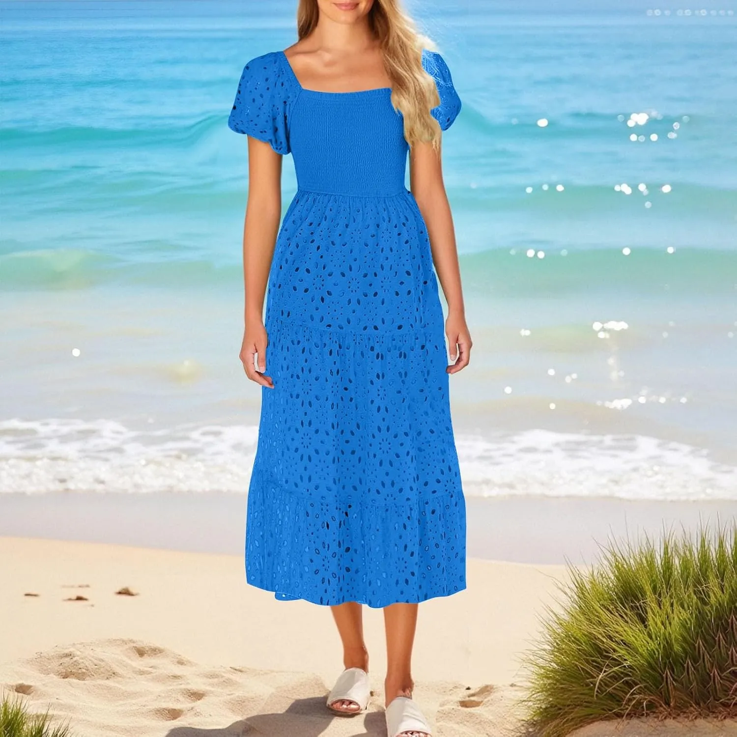 JOAU Women's 2025 Summer Boho Midi Dress Short Puff Sleeve Smocked Flowy A Line Tiered Ruffle Hollow Out Eyelet Beach Dresses