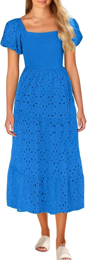 JOAU Women's 2025 Summer Boho Midi Dress Short Puff Sleeve Smocked Flowy A Line Tiered Ruffle Hollow Out Eyelet Beach Dresses