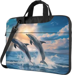Jumping Dolphins Laptop Shoulder Bag for Women, Ocean Dolphins Laptop Sleeve Case Durable Computer Bag