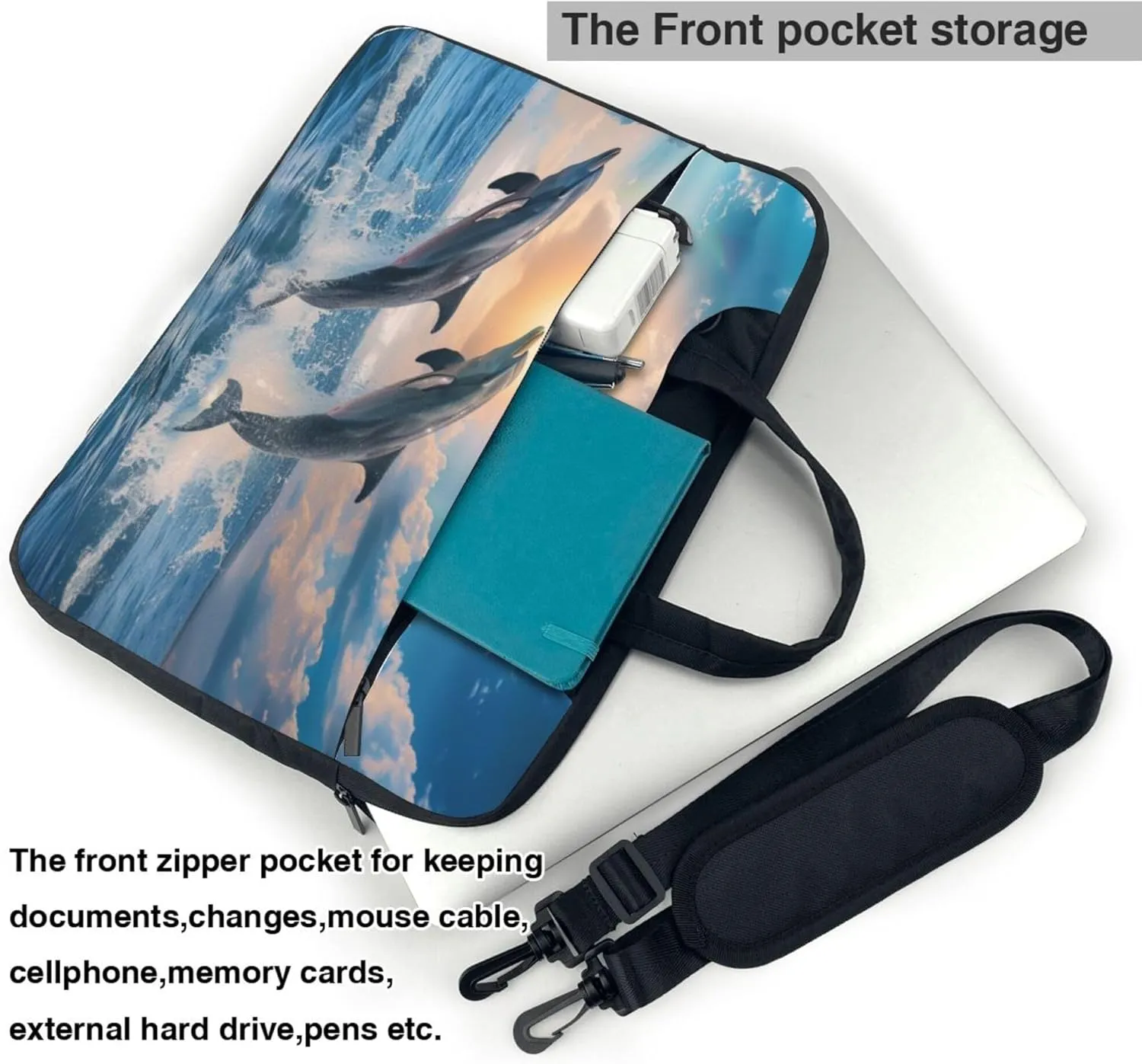 Jumping Dolphins Laptop Shoulder Bag for Women, Ocean Dolphins Laptop Sleeve Case Durable Computer Bag