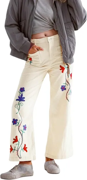 Kedera Womens Embroidered Corduroy Pants Casual Winter Straight Leg Elastic Waist Vintage Trousers with Pockets
