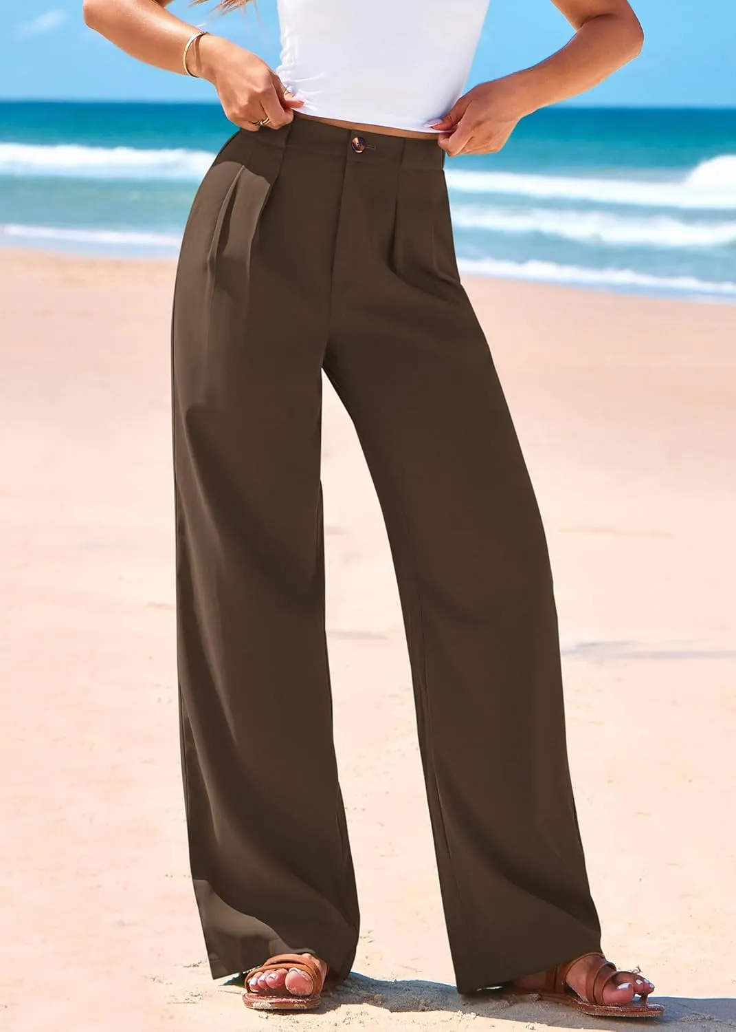 KIRUNDO Wide Leg Dress Pants for Women High Waisted Office Work Trousers Business Casual Slacks Button Flowy Palazzo Pant