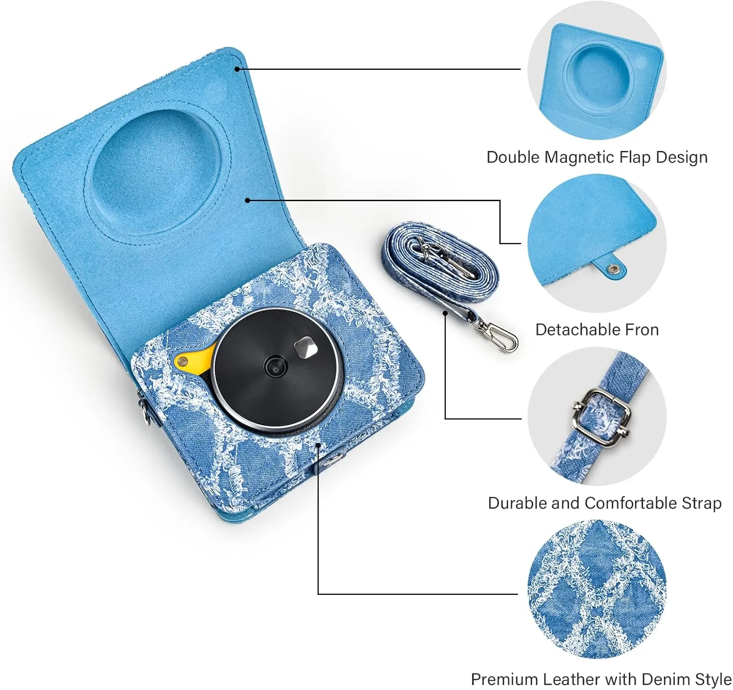 Kodak Mini Shot 3 Retro Case, Protective PU Leather Carry Case with Charging Interface - Denim Style