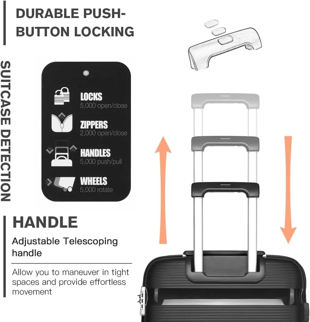 Kono Luggage PP Durable Hardside Suitcase with Double Spinner Wheels TSA Lock, 20-inch, Black