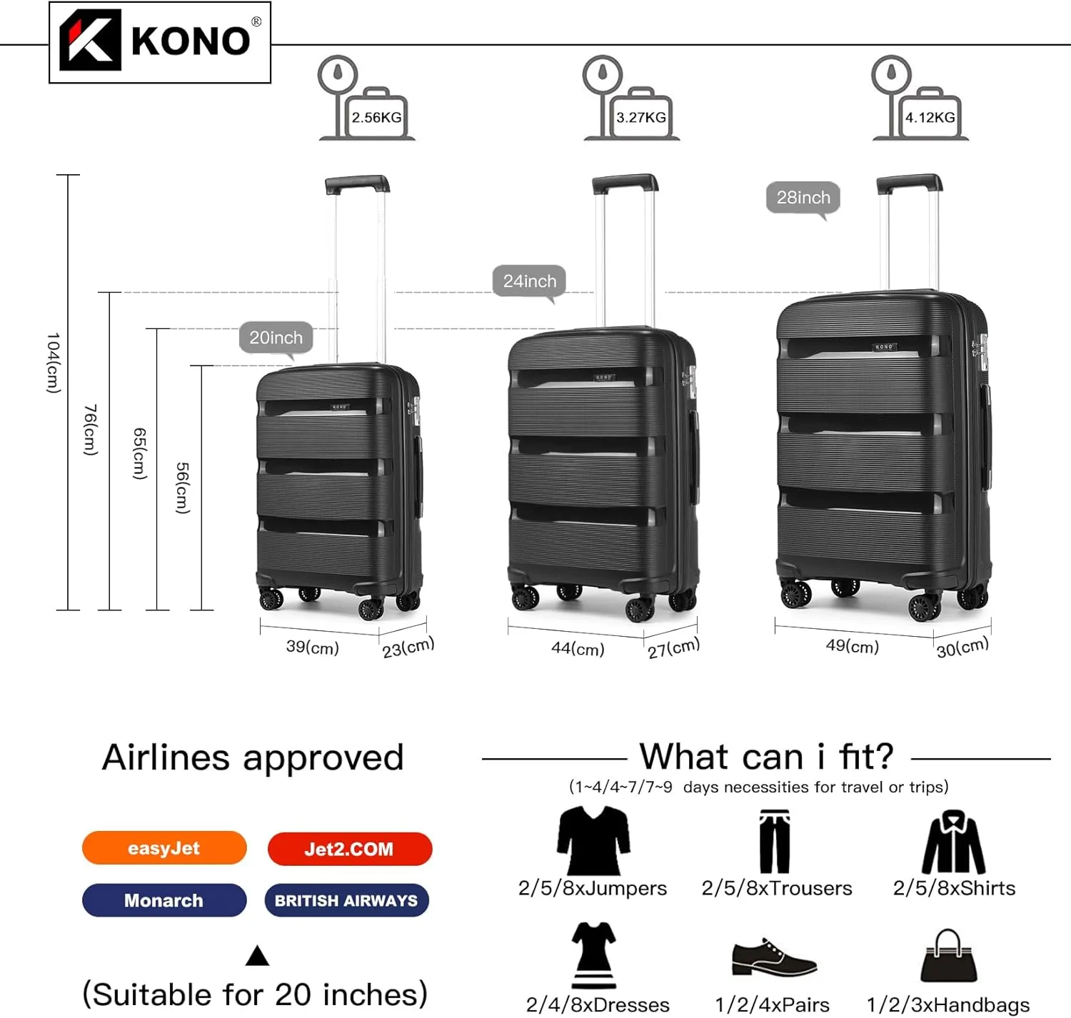 Kono Luggage PP Durable Hardside Suitcase with Double Spinner Wheels TSA Lock, 20-inch, Black