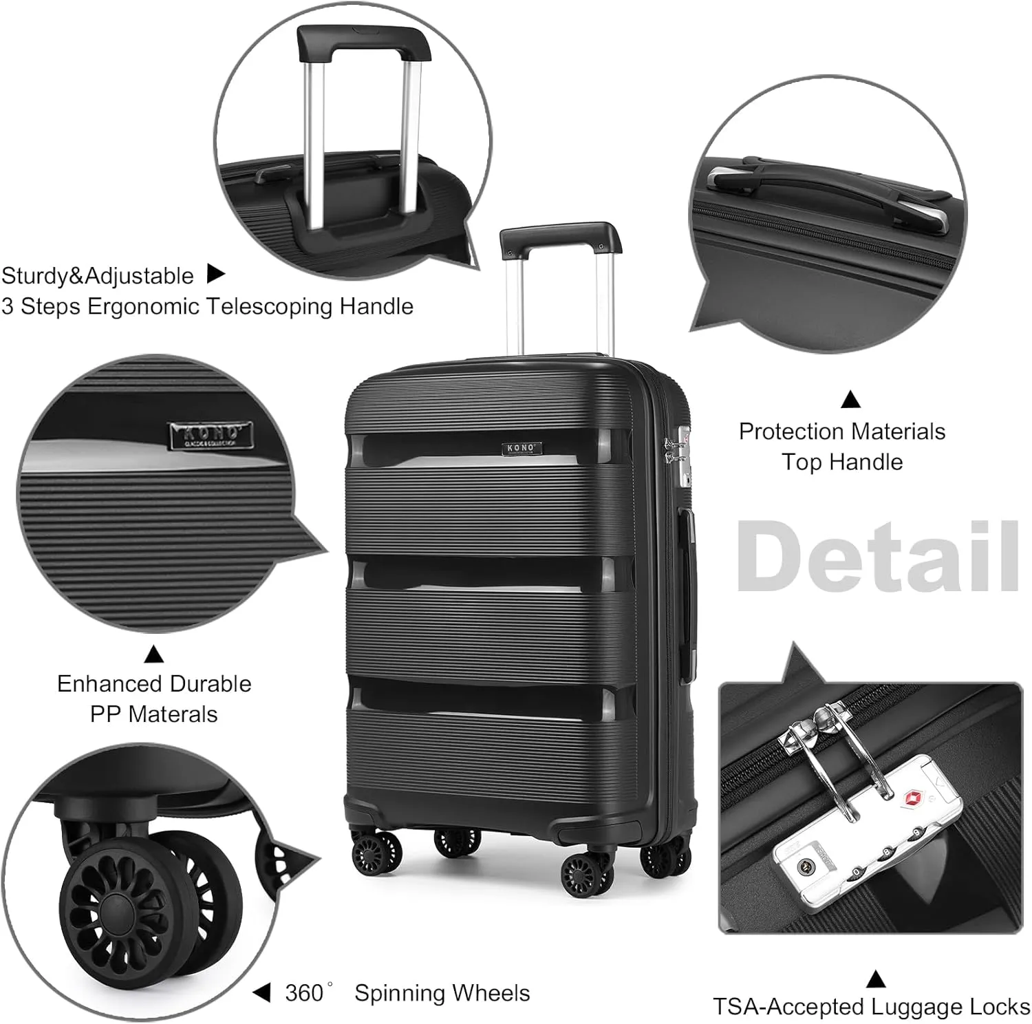 Kono Luggage PP Durable Hardside Suitcase with Double Spinner Wheels TSA Lock, 20-inch, Black