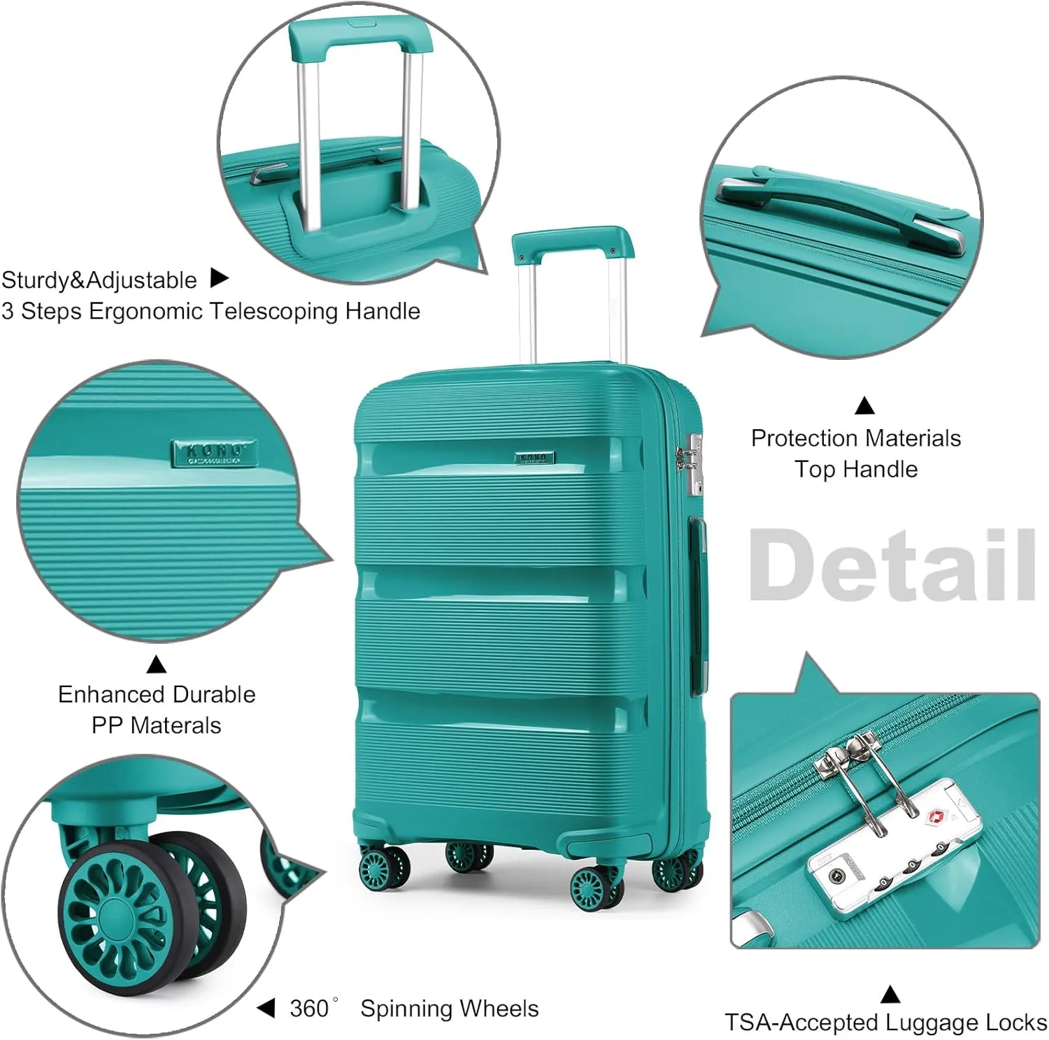 Kono Luggage PP Durable Hardside Suitcase with Double Spinner Wheels TSA Lock, 24-inch, Blue