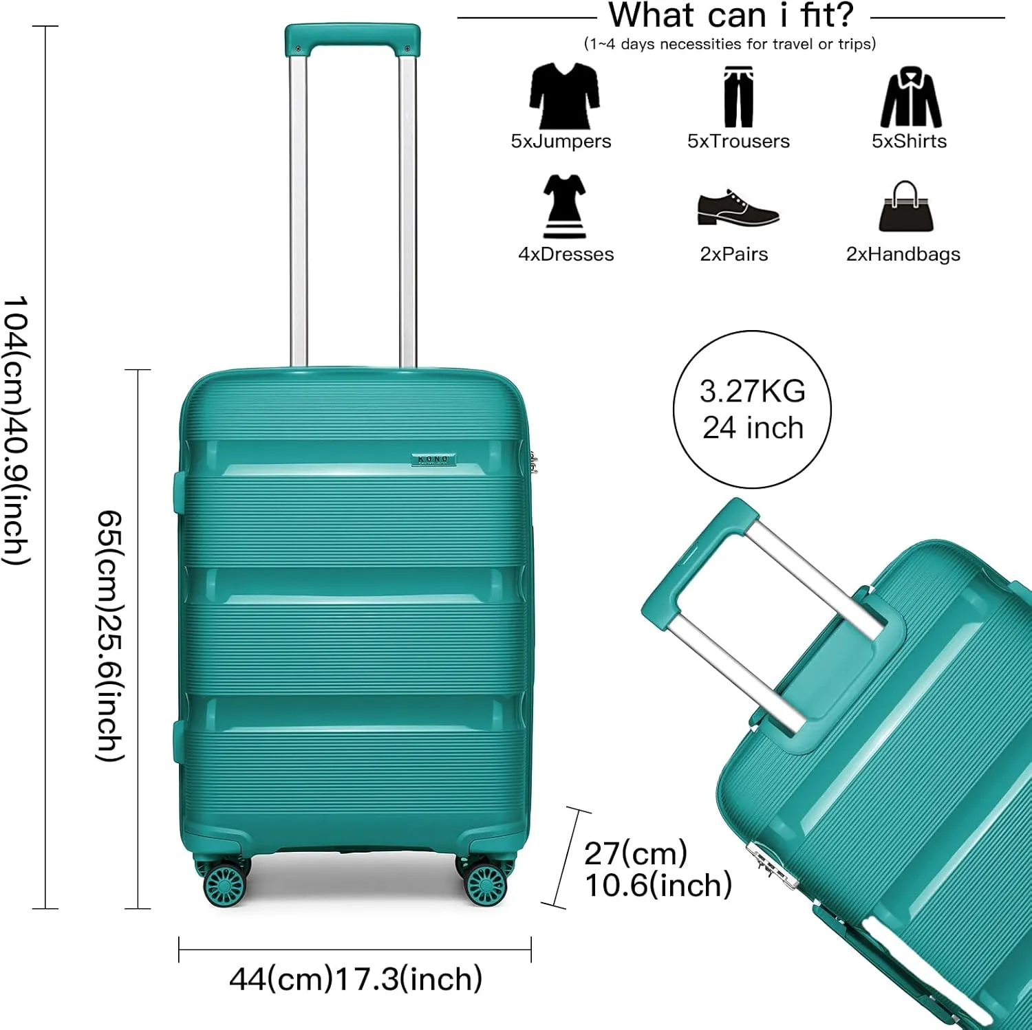 Kono Luggage PP Durable Hardside Suitcase with Double Spinner Wheels TSA Lock, 24-inch, Blue