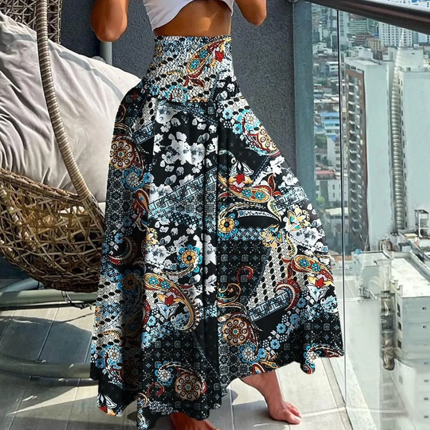 Ladies Boho Maxi Skirts Summer Beach Flowy Tiered High Waist A-Line Skirt Vintage Bohemian Mexico Vacation Outfits for Women